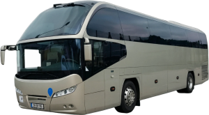 Cream-colored touring bus photographed from the front-left, with dark tinted windows and a European license plate visible at the bumper